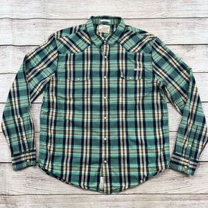 Lucky Brand Pearl Snap Shirt Men’ L Large Green Plaid L/S Classic Fit Western
